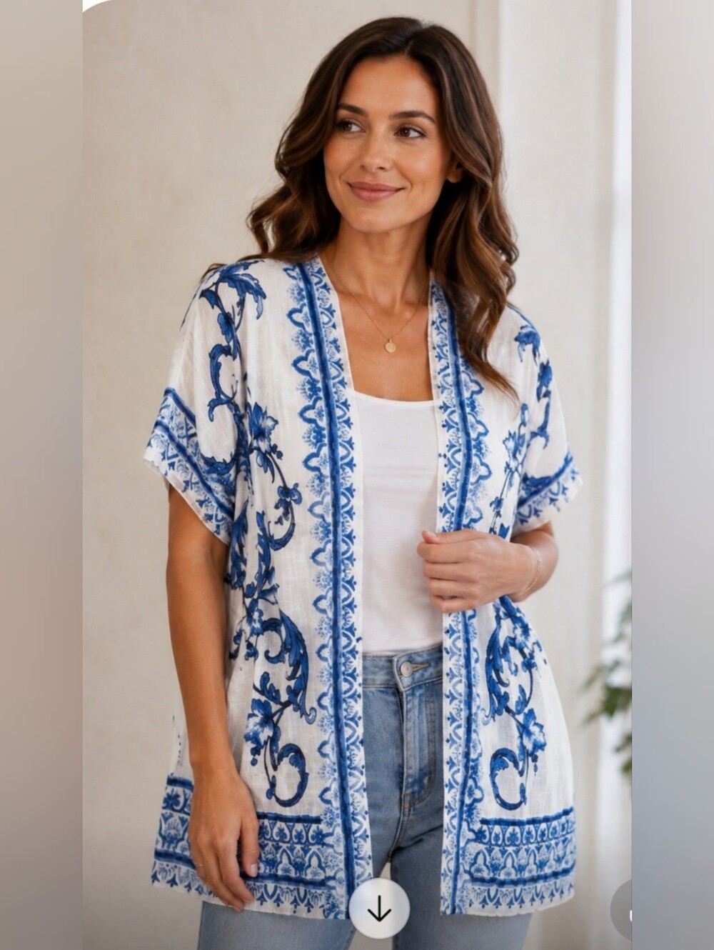 Chico's Blue White Baroque Open Front Kimono Cardigan Top Size 2 L